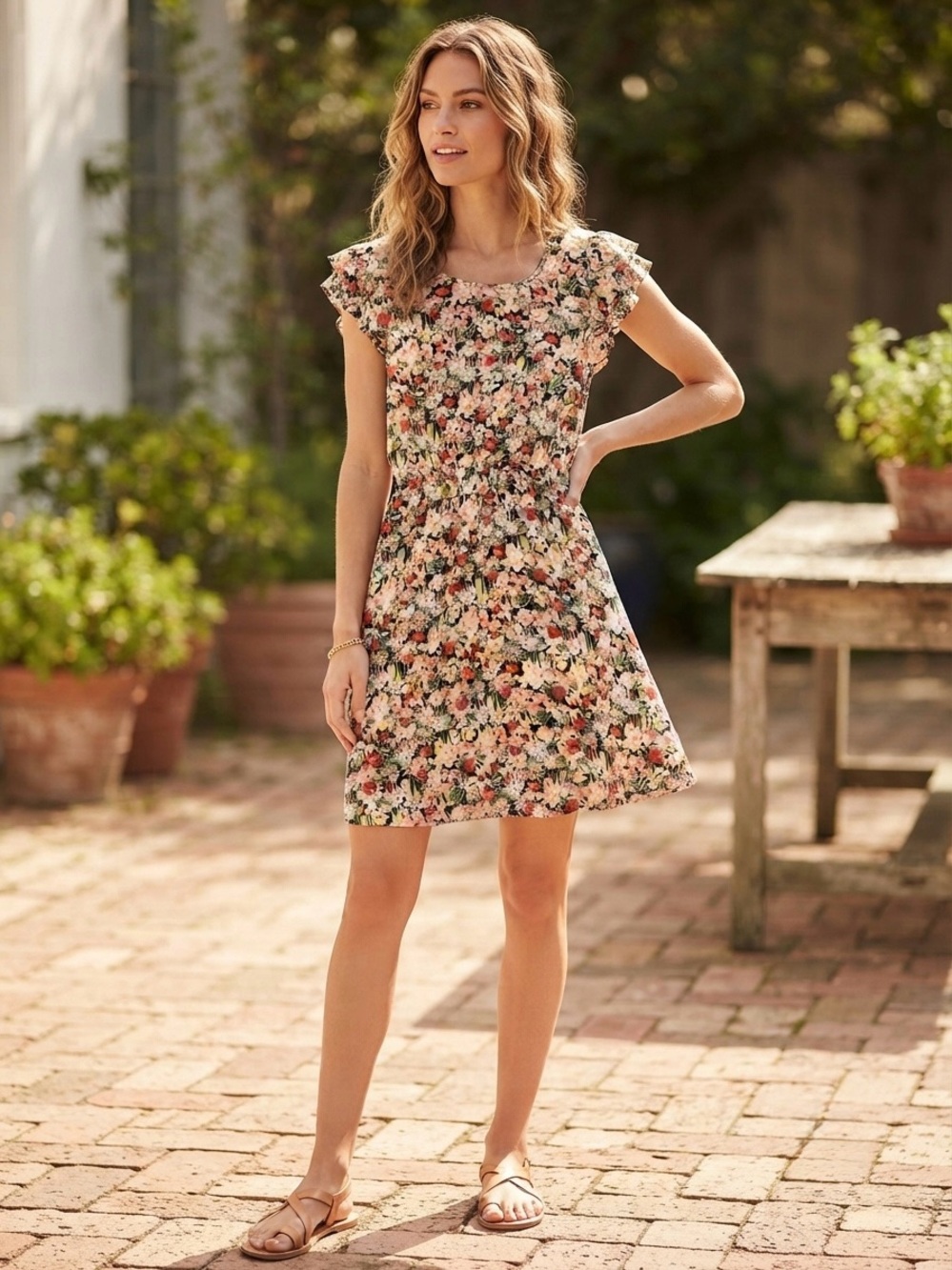 Betsy's Boutique Shop Floral Ruffle Short Sleeve Dress Women's Size L